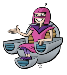A light-skinned person wearing pink and purple retro-futuristic clothing and helmet sits in a floating chair, holding one hand out gesturing to the viewer's left.