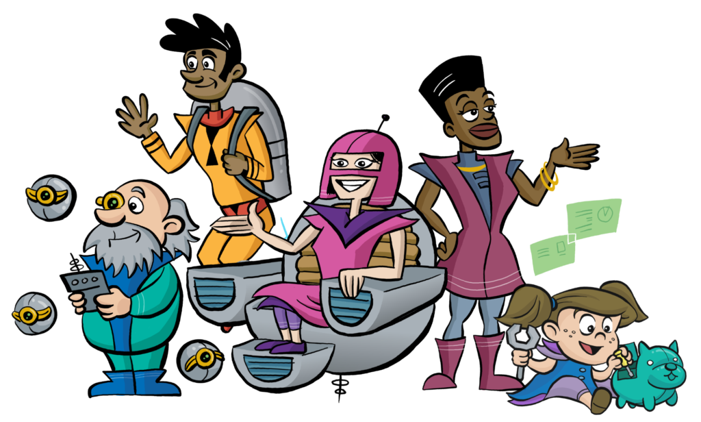 Five people dressed in retrofuturistic clothing, of varied apparent races, genders, and ages. One is in a hover chair, and one is using a jetpack.