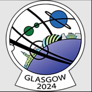 Glasgow 2024 logo with stylized planets over the Glasgow skyline.