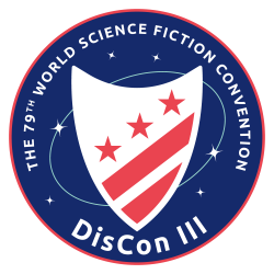 Discon III logo showing a white shield with three red stars above two diagonal red stripes against a blue background with stars and an orbital path.