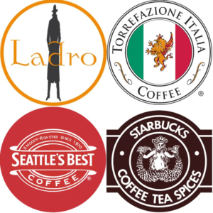 Four logos of local coffee businesses: Ladro, Torrefazione Italia, Seattle's Best, and Starbucks.