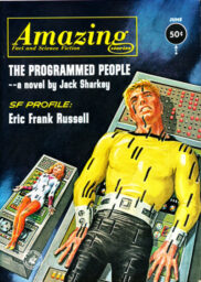 Cover of Amazing Stories, June 1963. A blonde white man with a yellow shirt, black pants, and metal belt and wrist cuffs lies on a blinky-light computer console; he is perforated with punchcard slots. Behind him is a blonde white woman in tight white leotard, also on a blinky-light computer console and perforated with punchcard slots. Cover story is The Programmed People by Jack Sharkey.