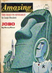 Cover of Amazing Stories, May 1963. An Easter Island stone figure head stands behind an alien in spacesuit and clear helmet with a head identical to the Easter Island heads. Cover story is Jobo by Henry Slesar.