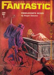 Cover of Fantastic, June 1965. A blonde white woman in a pink dress lies bound on a stone altar as a figure in a purple robe faces her, one arm raised and the other wielding a sword, as imps scamper around. Cover story is Thelinde's Song by Roger Zelazny.