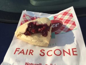 A tasty looking scone with raspberry jam filling, perfectly sized for eating in just a few bites, sitting on a red-and white bag right from the Fisher booth at the state fair.