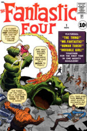 The cover of Fantastic Four #​1, with Invisible Girl held by a giant green mole man emerging from the ground as the Human Torch flies by and The Thing and Mr. Fantastic make plans from the ground.