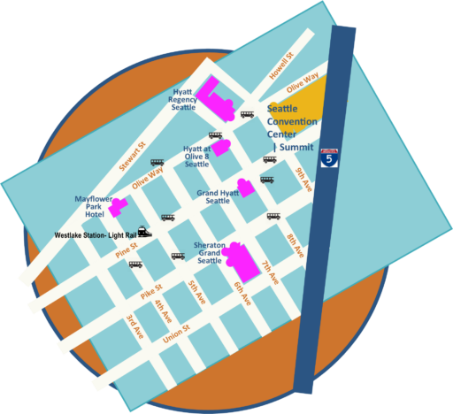 Map showing the five hotels in relation to the convention center. The Hyatt Regency, Hyatt at Olive 8, and Grand Hyatt are all about one block away on either Olive or Pine street; the Sheraton Grand is about four blocks away down Pike street, and the Mayflower Park is about five blocks away down Olive.