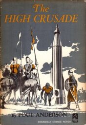 The High Crusade book cover in orange and grey, featuring medieval knights on horseback surrounding an alien outside of a spaceship.