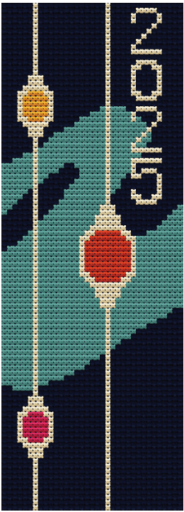 Cross stitch bookmark with the date 2025 in light text with red and yellow shapes over a light blue swoosh and a dark blue background.