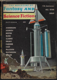 Cover of an issue of F&SF, with a rocket ship on a lunar surface.