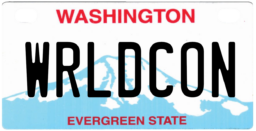 Mockup of a WA license plate with the blue Mt. Rainier graphic and the custom license plate text WRLDCON.