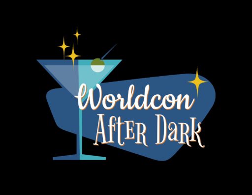 Worldcon After Dark logo with the text next to a martini glass over an irregular lozenge shape, done in shades of blue.