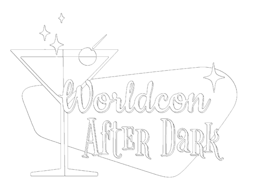 Black and white line art of the Worldcon After Dark logo, with the text next to a martini glass over an irregular lozenge shape.