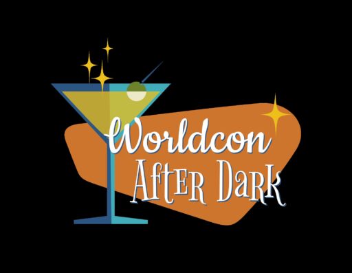 Worldcon After Dark logo with the text next to a martini glass over an irregular lozenge shape, done in shades of orange.