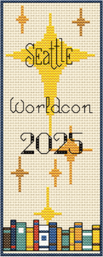 Cross stitch bookmark with yellow and tan stars and the text Seattle Worldcon 2025 on a beige background with a row of books at the bottom.