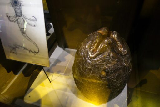 A Xenomorph egg from Alien next to an early design sketch by H. R. Giger for the face hugger.