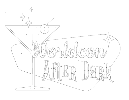 Black and white line art of the Worldcon After Dark logo, with the text next to a martini glass over an irregular lozenge shape, with numbers in the various sections.