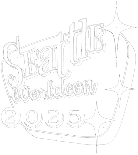 The Seattle Worldcon 2025 logo, designed to look like an old neon sign, with numbers in the various sections.