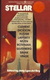 The cover of Stellar 1, with art of a giant numeral one against a red sky with two suns, with a rocketship in front of the one and a pod blasting off in the background, listing nine authors and editor Judy-Lynn del Rey.