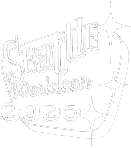 Black and white line art of the main Seattle Worldcon 2025 logo, with the text over a shape designed to look like an old neon sign.