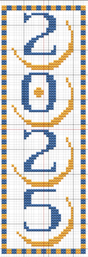 Cross stitch bookmark with the date 2025 in blue over yellow half-circles.