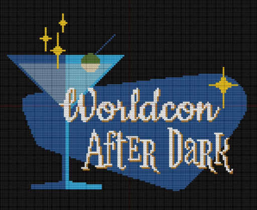 Cross stitch pattern of the Worldcon After Dark logo, with the text next to a martini glass over an irregular lozenge shape, done in shades of blue.