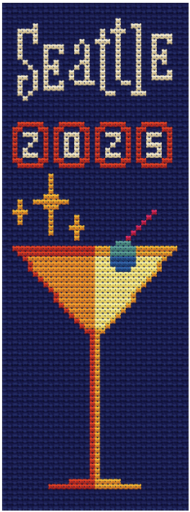 Cross stitch pattern with Seattle 2025 over a martini glass in orange over a dark blue background.