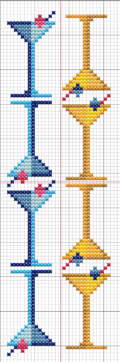 Cross stitch bookmark with two rows of martini glasses, one set in blue, the other in yellow.