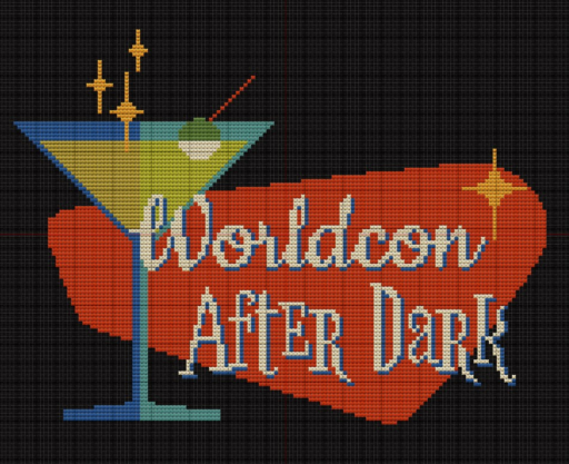 Cross stitch pattern of the Worldcon After Dark logo, with the text next to a martini glass over an irregular lozenge shape, done in shades of orange.