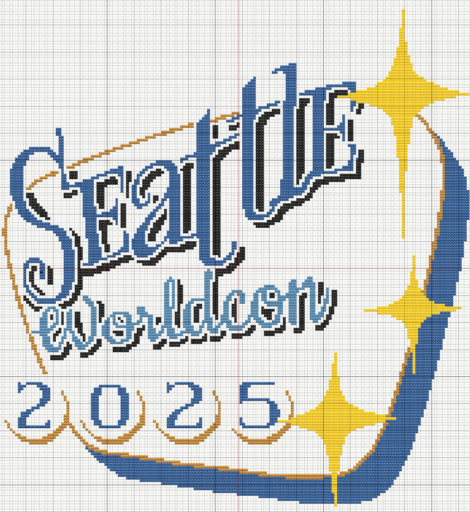 Cross stitch pattern of the main Seattle Worldcon 2025 logo, with the text over a shape designed to look like an old neon sign.