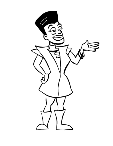 Black and white line art of a person with dark hair, gesturing with one hand and wearing retro-futuristic clothing.