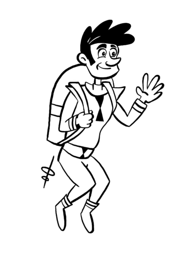 Black and white line art of a person wearing a retrofuturistic suit and a jet pack waving as they fly by.