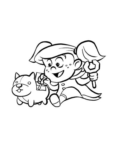 Black and white line art of a young child with pigtails holding tools and tinkering with a robotic pet.