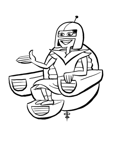 Black and white line art of a person wearing a helmet with an antenna and sitting in a floating chair.