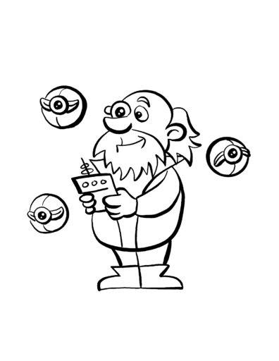 Black and white line art of a bald and bearded person holding a remote controller and with three floating robotic orbs around them.