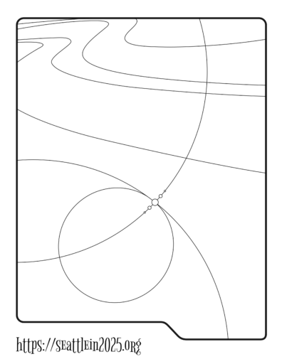 Black and white art of abstract lines, curves, and circles, in an irregular rectangle.