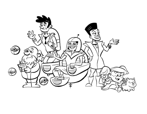 Black and white line art of five cartoon characters in retro-futuristic clothing.