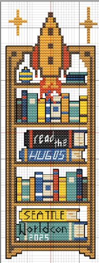 Cross stitch pattern of a well filled bookcase topped with a rocketship.