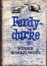 Cover of the 1961 edition of Gombrowicz's Ferdydurke, featuring the title in blue over a background of blue ink scribbles.