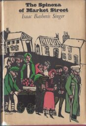 Cover of the 1961 edition of Singer's Spinoza, with art of a group of people in traditional Polish dress on a city street.