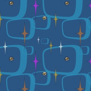 A dark blue background with light blue asymmetric rectangles like old TV sets scattered across in various sizes. There are tan, white, and gold four-pointed stars, and small robotic orb drones in the pattern as well.