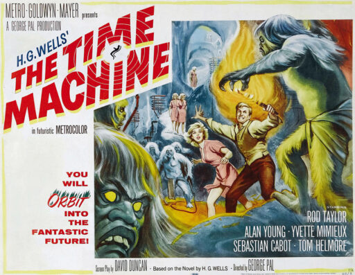 Poster for the 1960 film The Time Machine, with artwork of the hero waving a torch to defend an Eloi woman from a bestial Morlock.