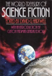 The cover of The World Treasury of Science Fiction, showing the Earth rising behind the moon.