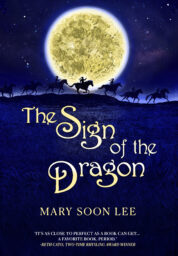 The cover of Mary Soon Lee's The Sign of the Dragon, featuring people riding horses over a blue-tinted hillside under a full moon.