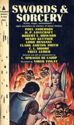 Cover of de Camp's Swords and Sorcery anthology, featuring an adventurer holding a sword towards a woman in medieval gown, standing in flames, with demons around her.