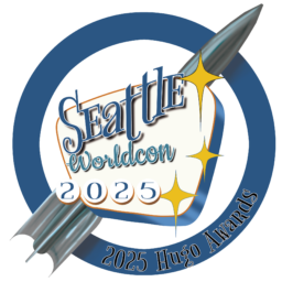 The Seattle Worldcon logo over the Hugo rocket inside a ring that says 2025 Hugo Awards