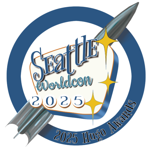 The Seattle Worldcon logo over the Hugo rocket inside a ring that says 2025 Hugo Awards