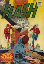 The cover of Flash #​123, with a man in a jumpsuit about to be crushed by a steel beam shouting, "Flash! Help me!", with two different versions of The Flash running to save him.