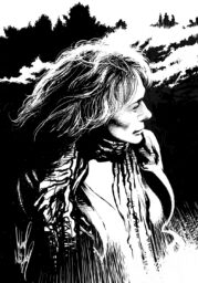 Black and white sketch portrait of Jeffrey Catherine Jones, a white person with long hair wearing a scarf and open vest.