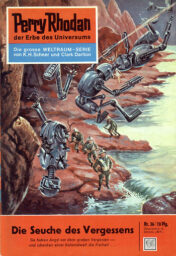 The cover of Perry Rhodan 36, with solders standing on a riverbank as large humanoid robots are blasted to pieces around them.